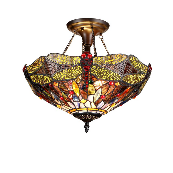 DRAGAN Tiffany-style 2 Light Dragonfly Semi-flush Ceiling Fixture 16